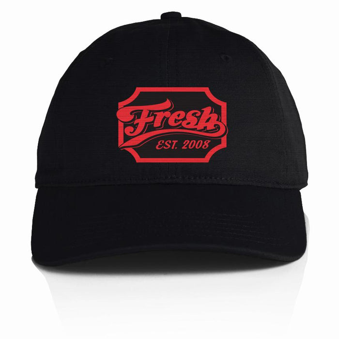 Black dad hat with red and black fresh est. 2008 text.