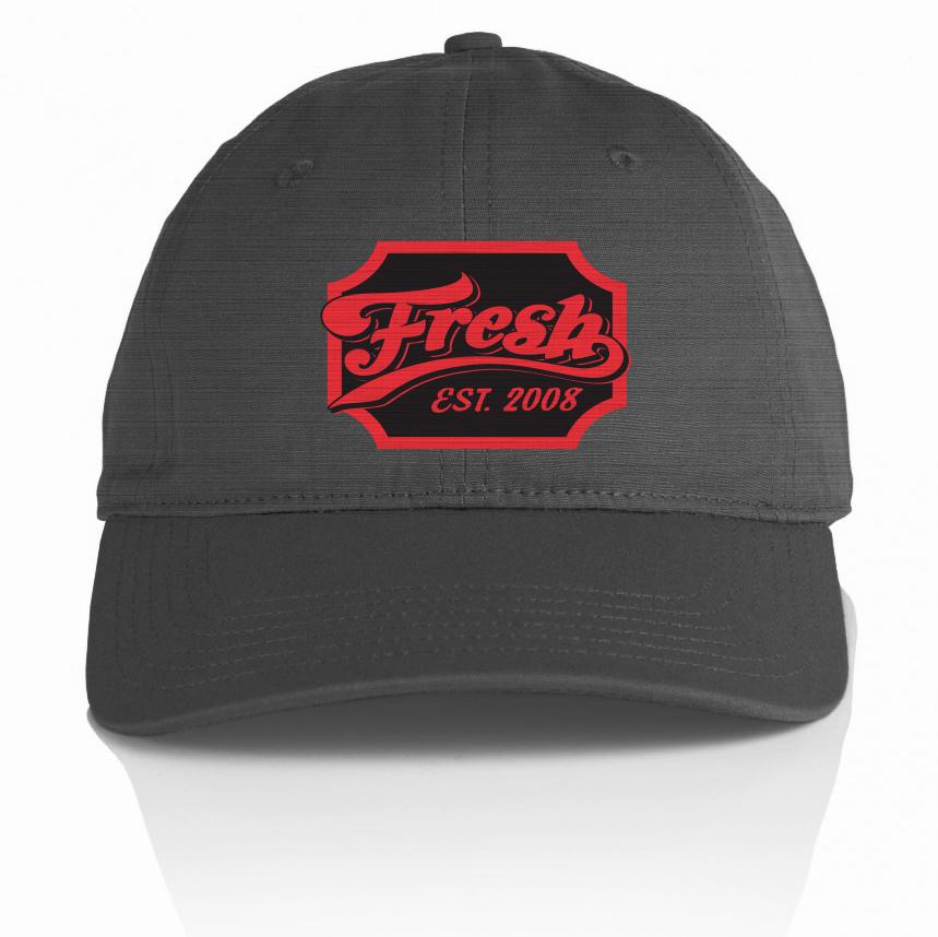 Dark grey dad hat with red and black fresh est. 2008 text.