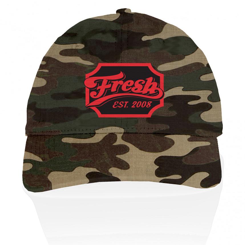 Camoflauge-colored dad hat with red and black fresh est. 2008 text.