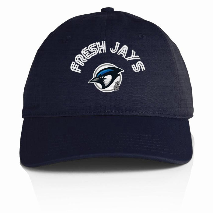 Navy blue dad hat with black, white, grey, and light blue jay with white fresh jays text.