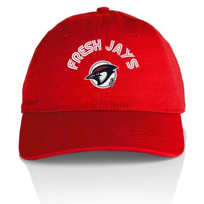 Red dad hat with black, white, grey, and red jay with white fresh jays text.