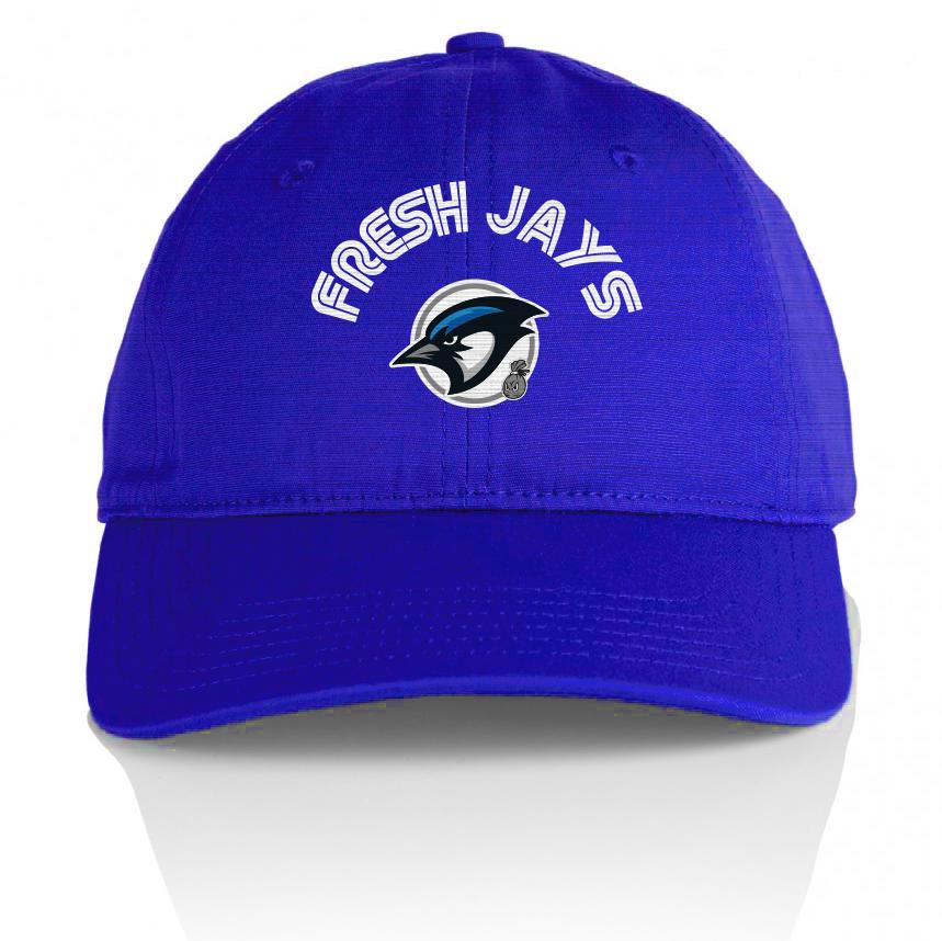 Royal blue dad hat with black, white, grey, and light blue jay with white fresh jays text.