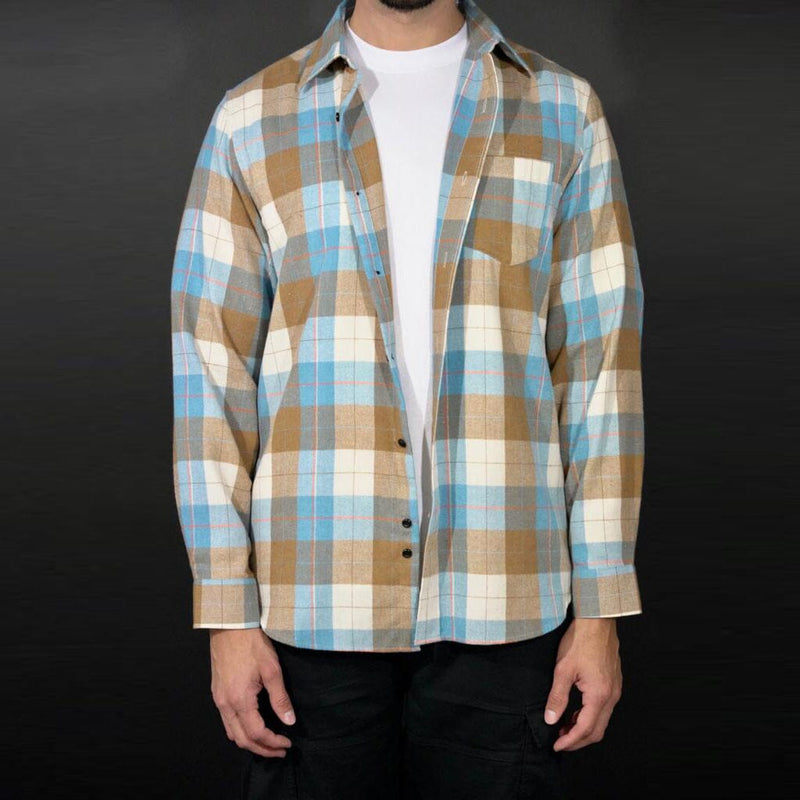 Baby Blue and Tan Flannel Long Sleeve Shirt T-Shirt Million Dolla Motive 