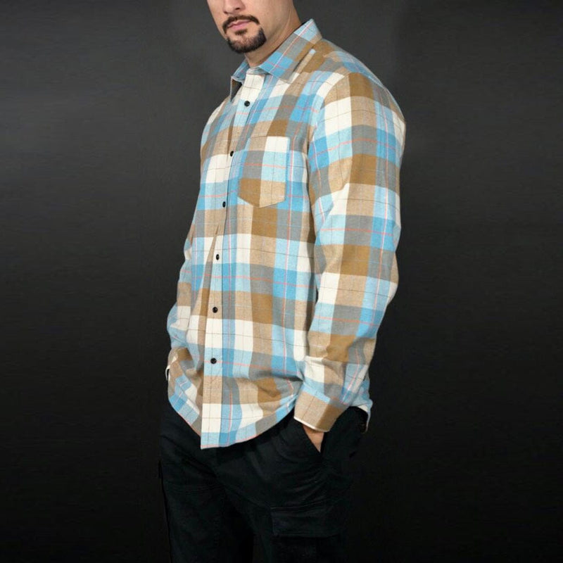 Baby Blue and Tan Flannel Long Sleeve Shirt T-Shirt Million Dolla Motive 