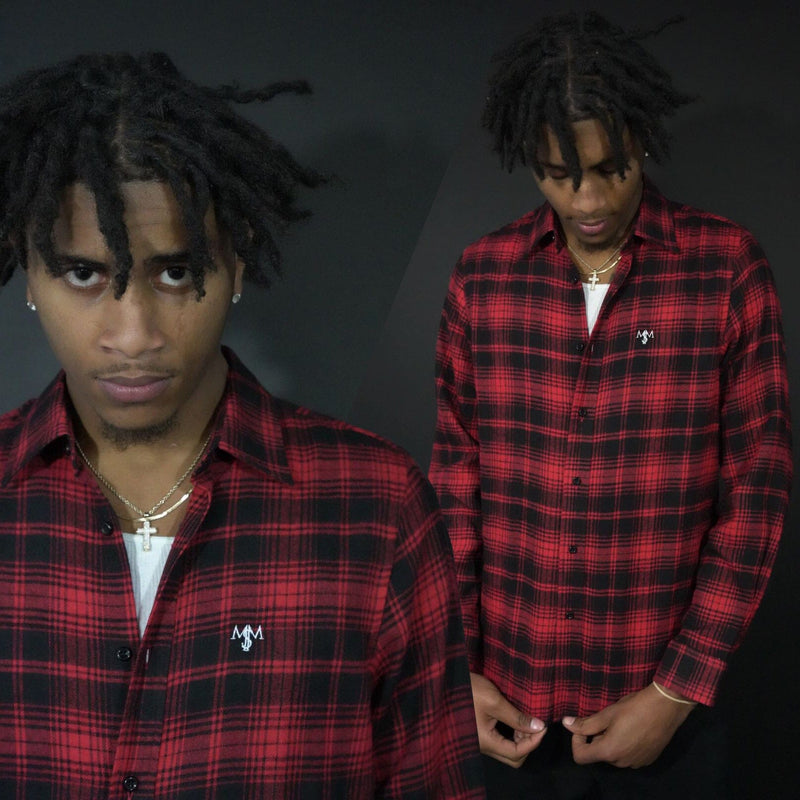 Red and Black Flannel Long Sleeve Shirt T-Shirt Million Dolla Motive 