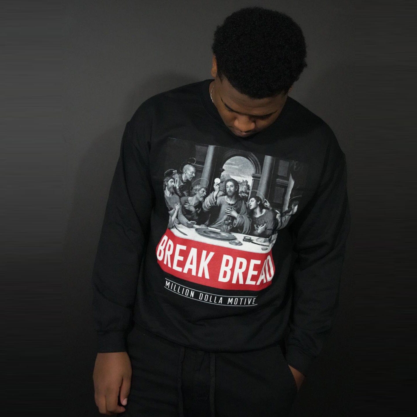 
                  
                    Break Bread - Red on Black Crewneck Sweatshirt
                  
                