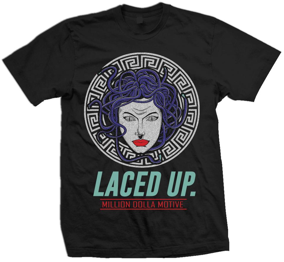 Laced Up Top 3- Purple/New Emerald/Red/Silver on Black T-Shirt