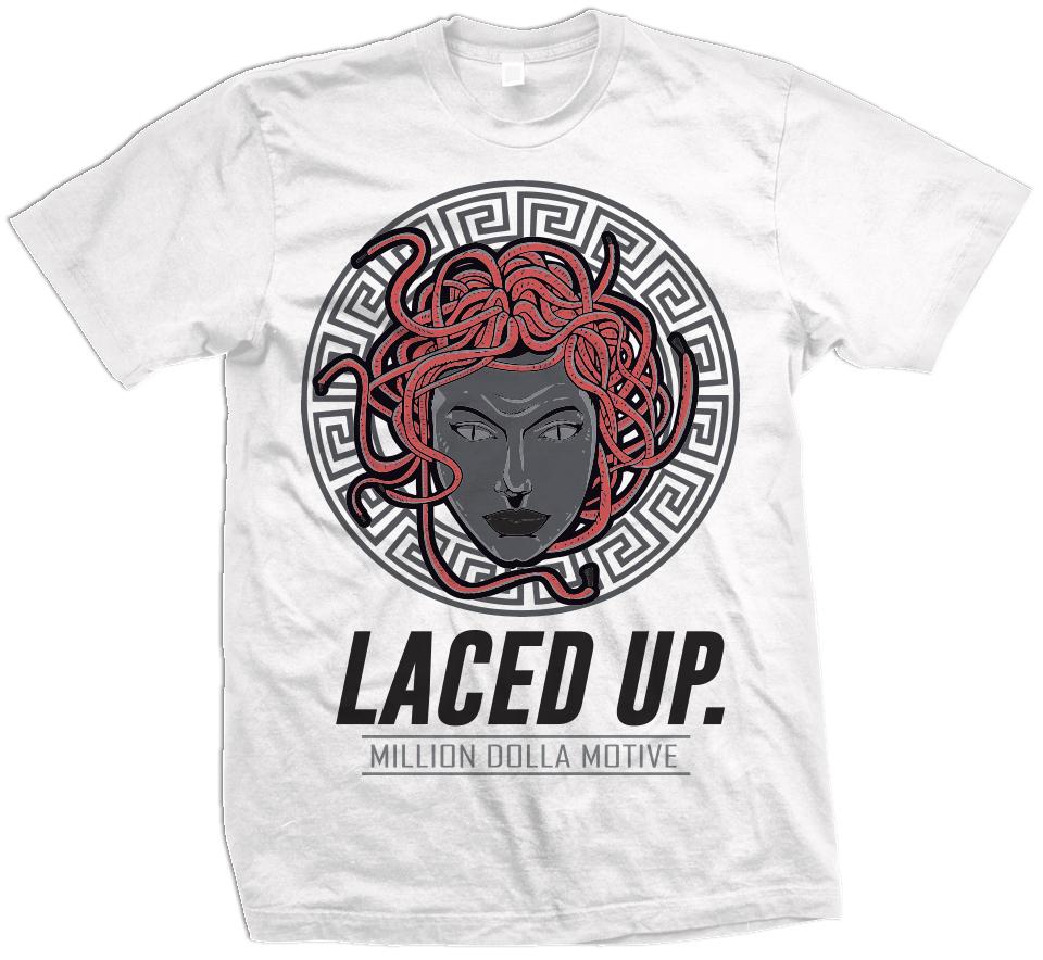 Laced Up - Pale Citron/ Crimson Red on White T-Shirt