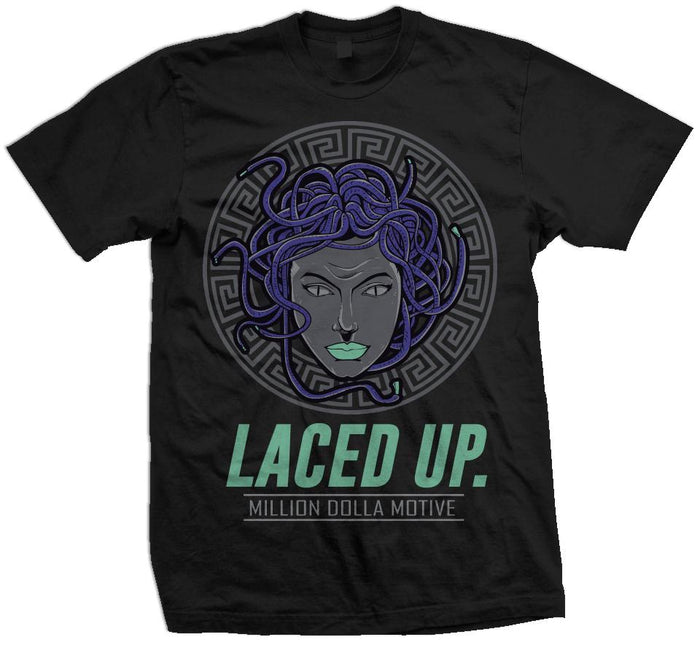 Laced Up - Purple/New Emerald on Black T-Shirt - Million Dolla Motive