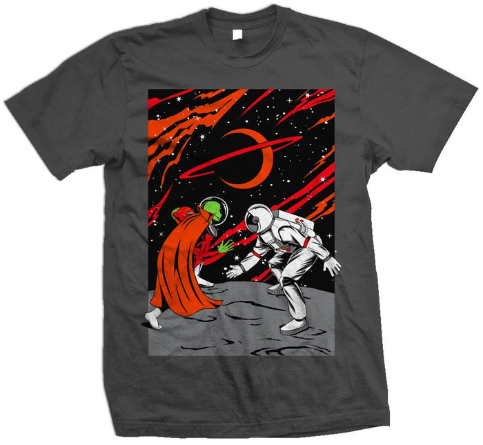 Mars vs Earth - Orange / Red on Dark Grey T-Shirt
