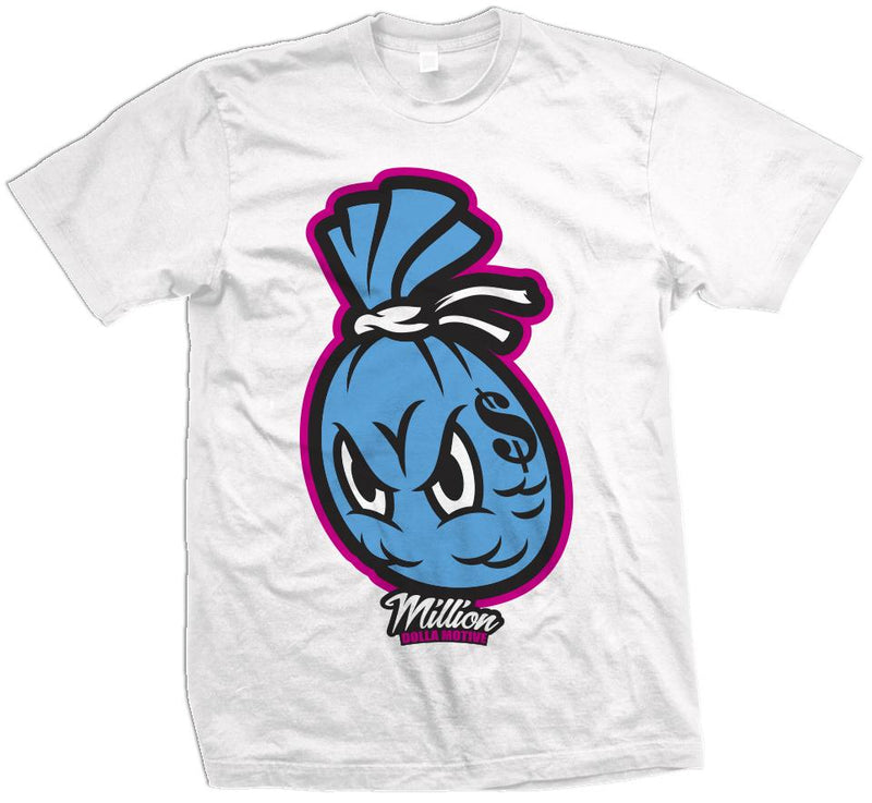 Money Bag - Blue Fury/ Laser Fuchsia on White T-Shirt T-Shirt Million Dolla Motive 