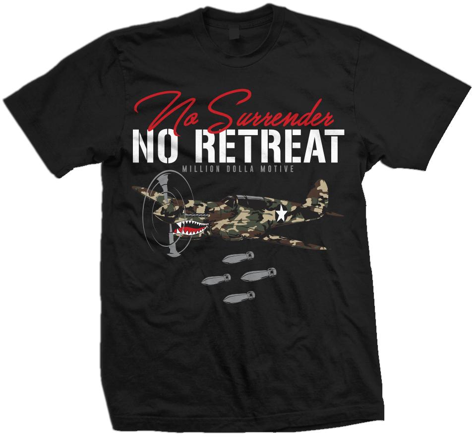 No Surrender No Retreat -Green Camo on Black T-Shirt