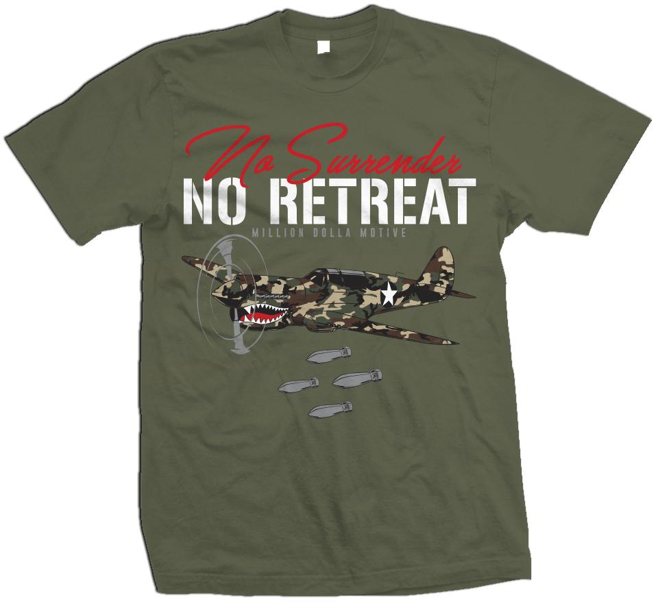 No Surrender No Retreat - Green Camo on Olive T-Shirt