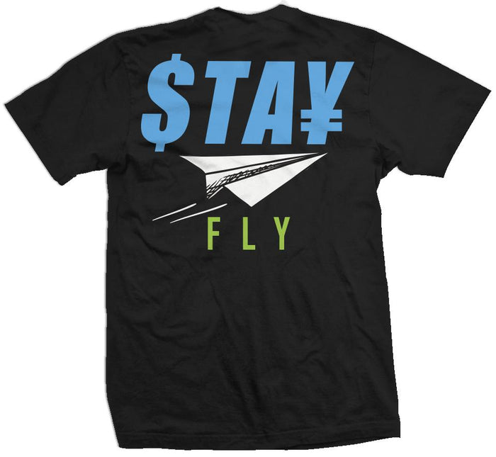 Stay Fly - Blue/ Aurora Green on Black T-Shirt
