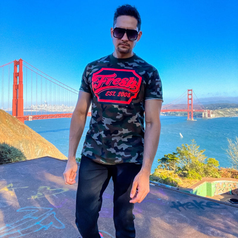 Fresh Cheers - Infrared on Forest Green Camo T-Shirt T-Shirt Million Dolla Motive 
