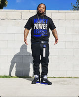 Money Power Respect - Racer Blue on  Black T-Shirt