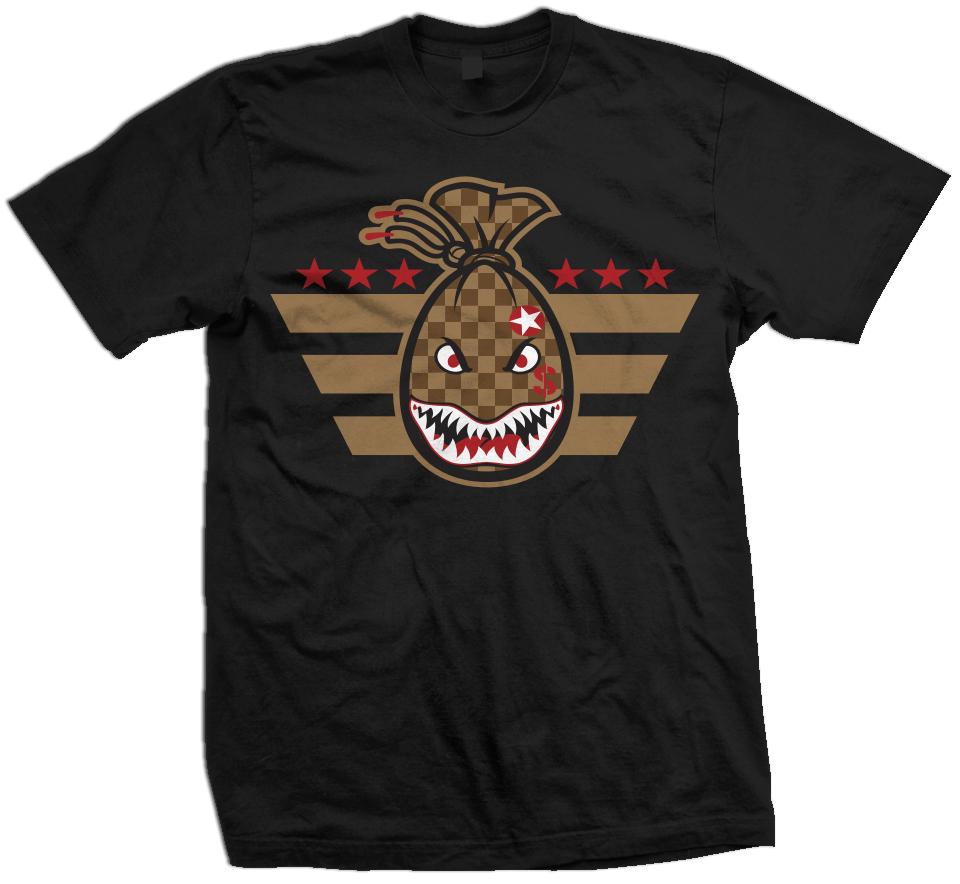Black t-shirt with brown and light yellow checkered shark-mouthed money bag and red and white stars.