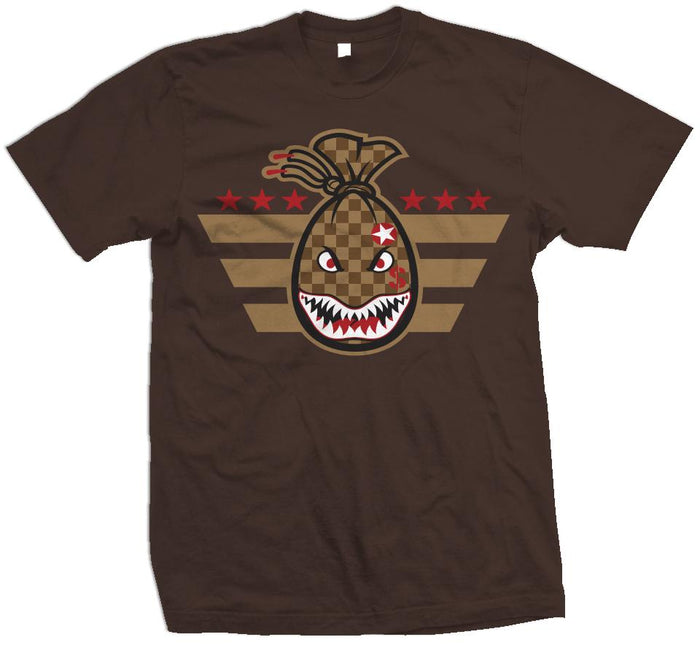 Brown t-shirt with brown and light yellow checkered shark-mouthed money bag and red and white stars.
