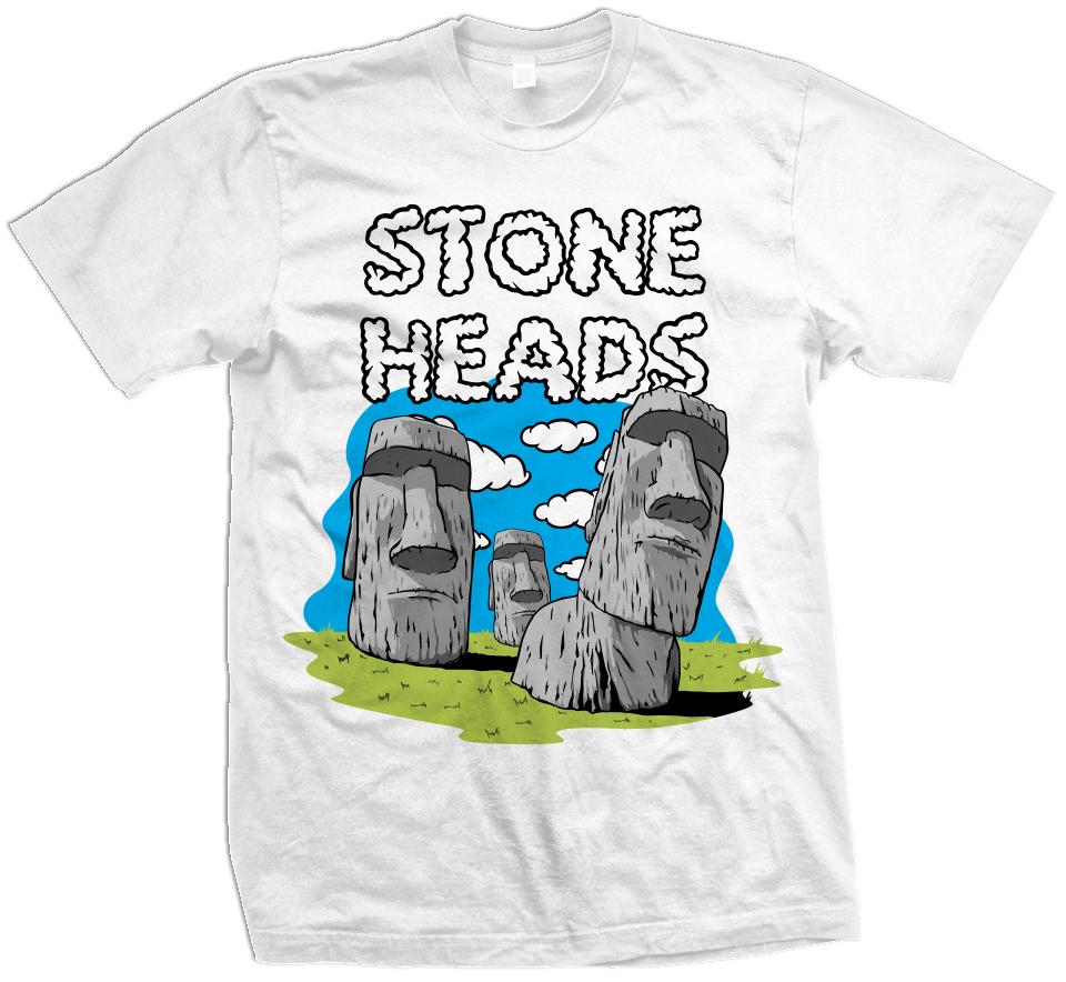 Stone Heads Island - Blue/ Aurora Green on White T-Shirt
