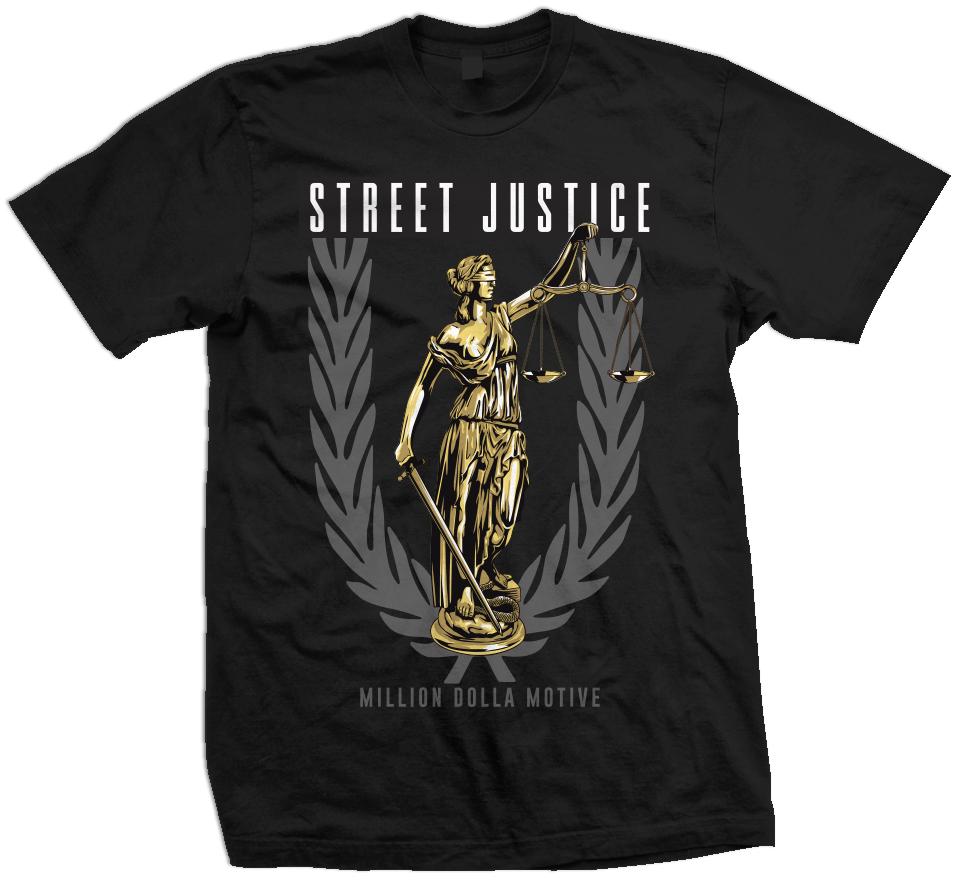 Street Justice - Cool Grey/Gold on  Black T-Shirt
