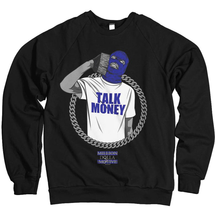 Talk Money Phone - Royal Blue on Black Crewneck Sweatshirt