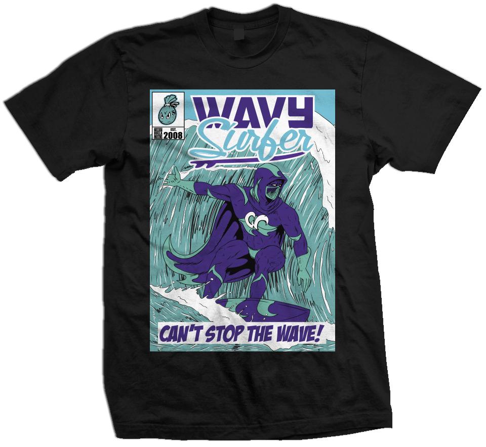 Wavy Surfer - New Emerald/Purple on Black T-Shirt