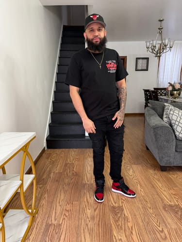 Take the Risk tee with Bred 1s