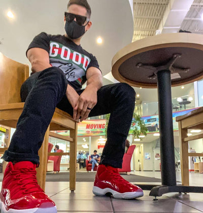 Good Life tee, Cherry 11s on foot